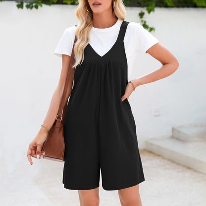 Women's Solid Color V-neck Brace Jumpsuit
