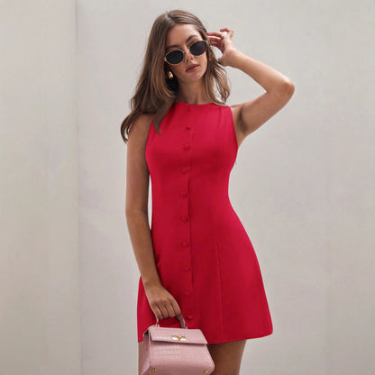 Women's Solid Color Temperament Breasted Sleeveless Dress