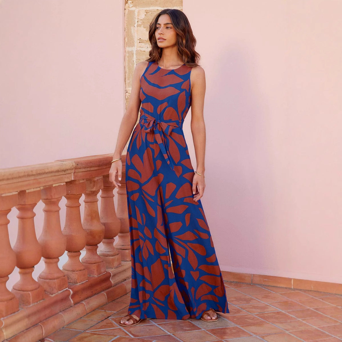 Fashion Round Neck Printed Waist-controlled Jumpsuit Women