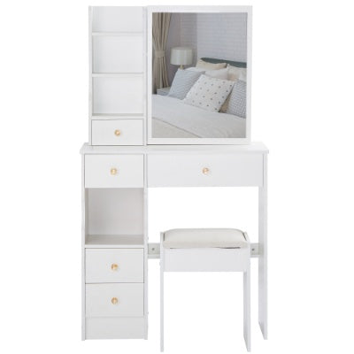 29.2 Small Space Left Drawer Desktop Vanity Table  Cushioned Stool, Extra Large Right Sliding Mirror, Multi Layer High Capacity Storage, Practical Fashionable Dresser, Suitable For Small Space