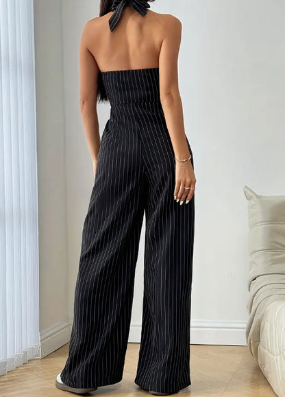 Sleeveless Front Button Casual Striped Jumpsuit