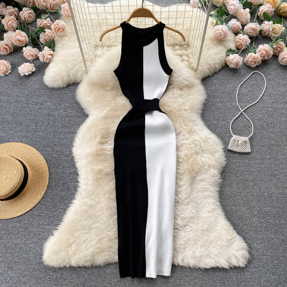 Slim Fit Slimming Long Round Neck Sleeveless Dress Color Matching Skinny Sheath Knitted Dress