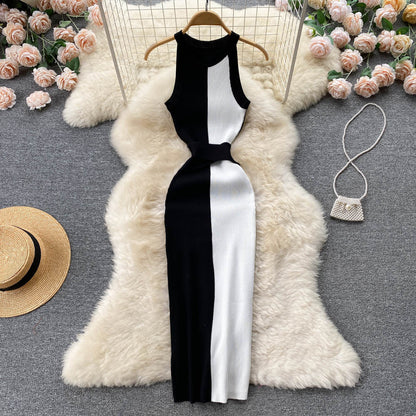 Slim Fit Slimming Long Round Neck Sleeveless Dress Color Matching Skinny Sheath Knitted Dress