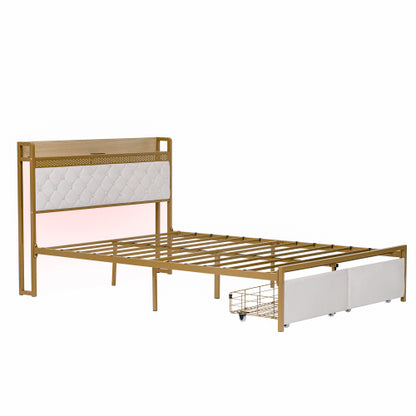 4ft6 Double Bed Frame With 2 Storage Drawers, RGB LED Storage Headboard With Charging Station, Velvet Bed Frame, With Chrome Decoration, No Box Spring Needed, Easy Assembly, Beige