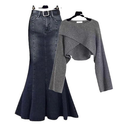 Autumn Elegant Women's All-matching Long Sleeve Top Fishtail Skirt Two-piece Suit