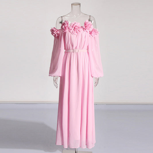 Three-dimensional Flower Patchwork Waist-slimming Dress Female