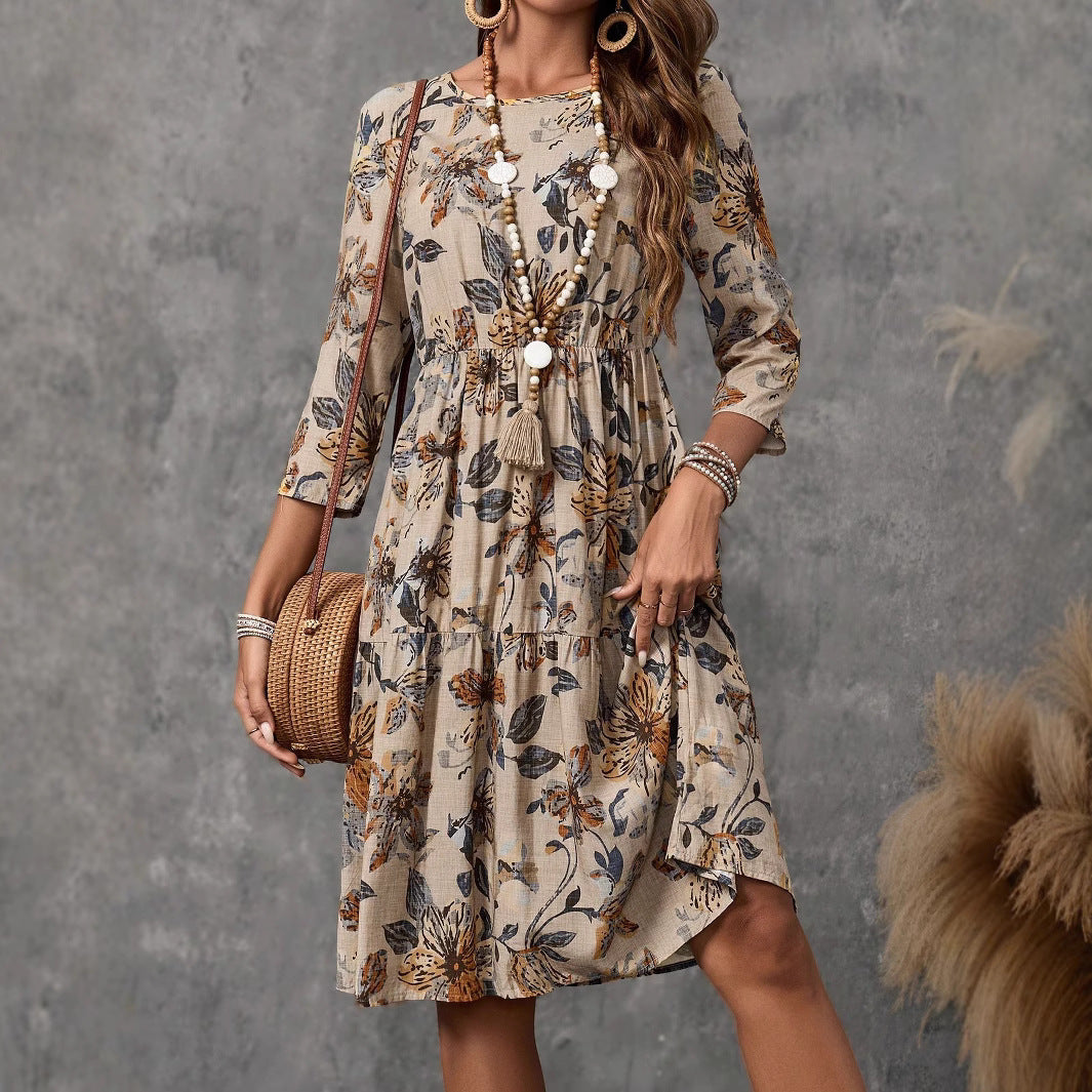 Fashion Round Neck Women's Cotton Linen Printed Dress