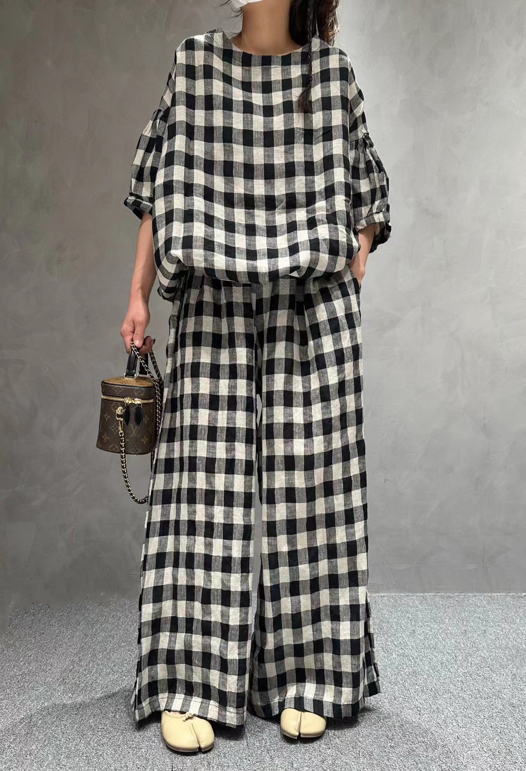 Half Sleeve Linen Plaid Round Neck T-shirt Wide Leg Pants