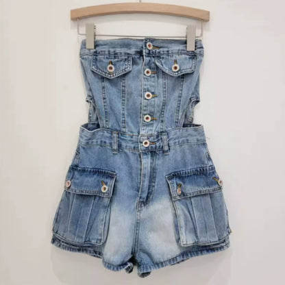 Hot Girl Breasted Hollow-out Midriff Tube Top Cowboy Siamese Shorts For Women