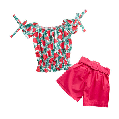 Two-piece children's suit with solid color shorts