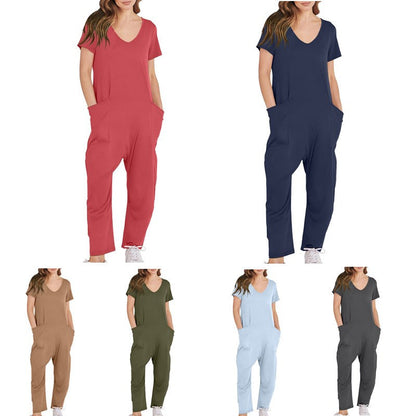 Women's Multi-color Side Slit Pocket Design Solid Color Loose Jumpsuit