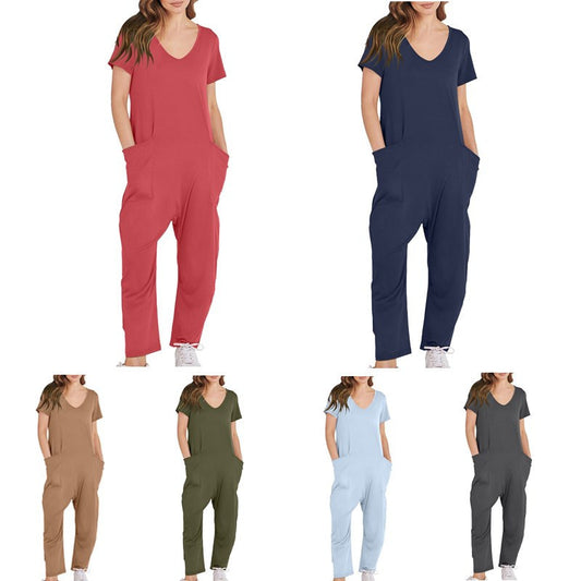 Women's Multi-color Side Slit Pocket Design Solid Color Loose Jumpsuit