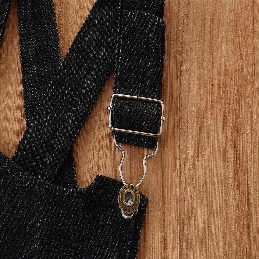 Girls' Short-sleeved Suit Puff Sleeve Black T-shirt Denim Suspender Skirt Fashionable