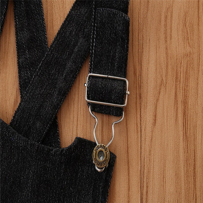Girls' Short-sleeved Suit Puff Sleeve Black T-shirt Denim Suspender Skirt Fashionable