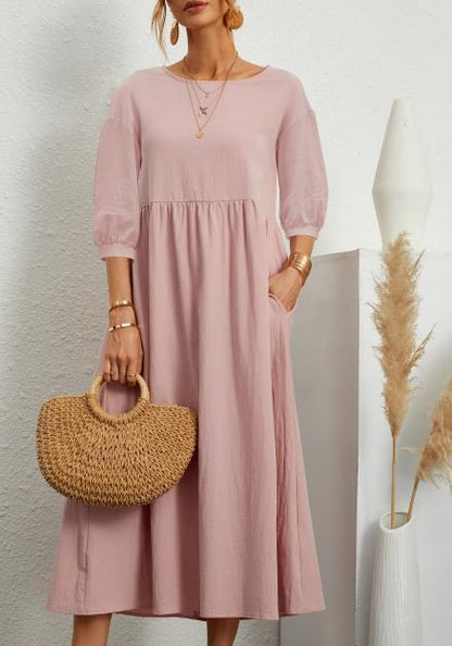 Lantern Sleeve Loose Cotton And Linen Pocket Dress