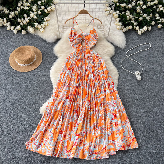 Women's Hollow-out Halter Sling High Waist Slimming Printed Pleated Dress