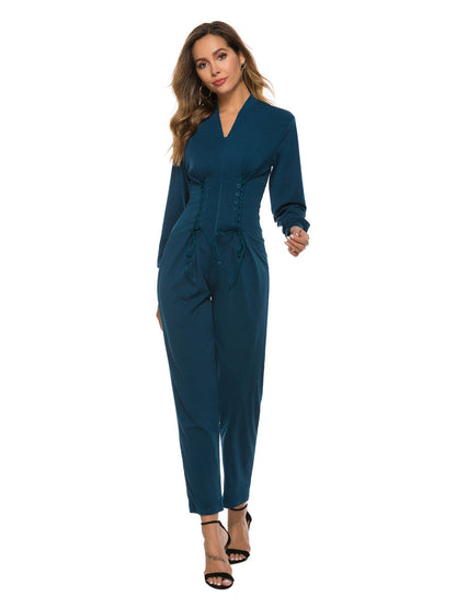 Pure Color Tie Long-Sleeved Trousers Casual Jumpsuit