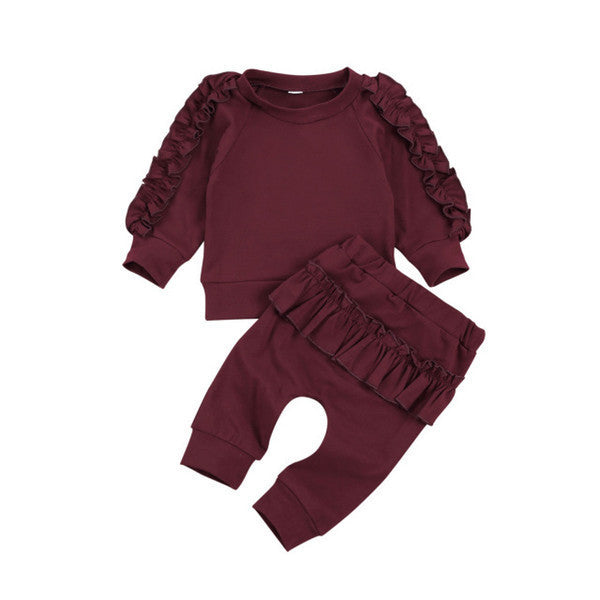 Simple Solid Color Long-sleeved Trousers Children's Suit With Leaf Edge