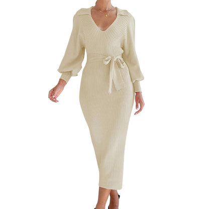 Elegant Commuter Sweater V-neck Lace-up High Waist Women's Dress
