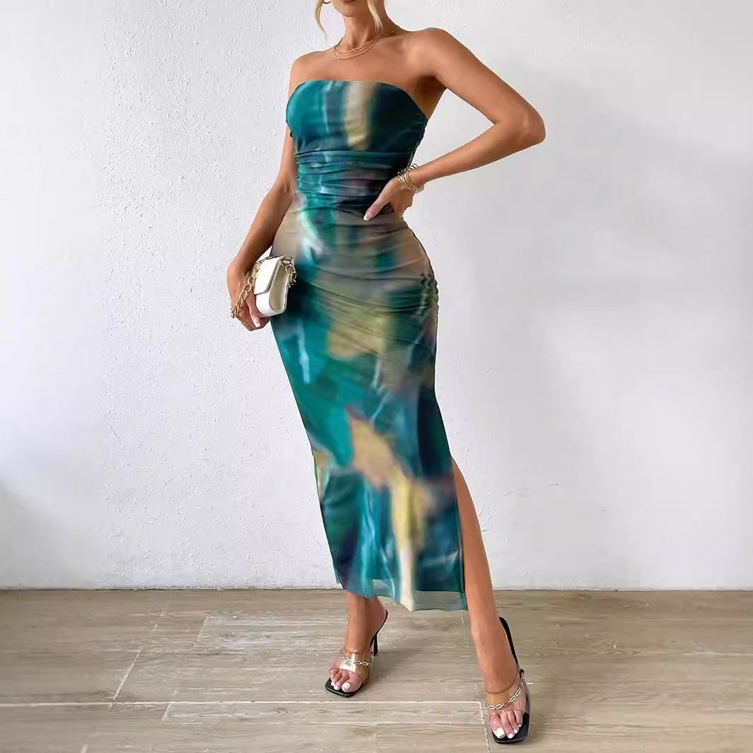 Side Slit Tie-dye Backless Sexy Sheath Dress