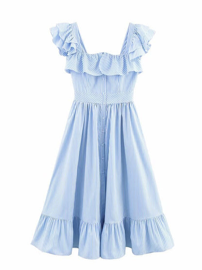 Women's Three-color Single-breasted Striped Ruffled Waist Dress