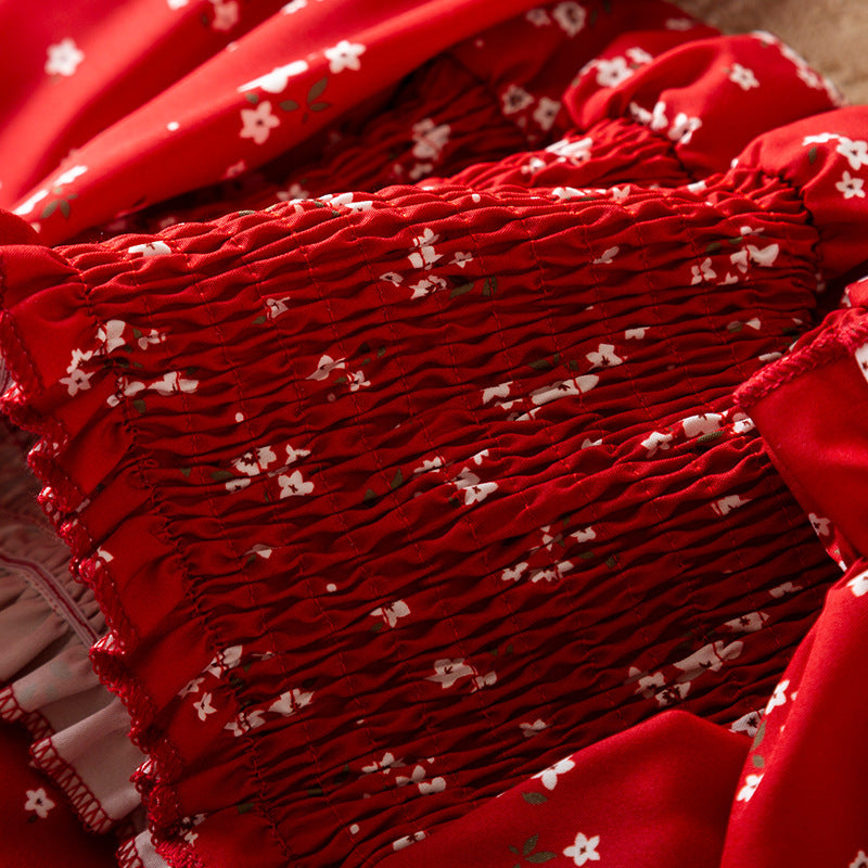 Autumn Girls' Long Sleeve French Puff Sleeve Princess Floral Skirt