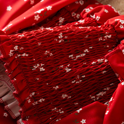 Autumn Girls' Long Sleeve French Puff Sleeve Princess Floral Skirt