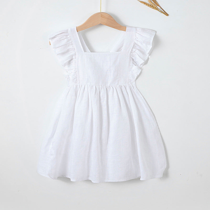 Girls' Cotton And Linen Bowknot Wooden Ear Embroidery Dress