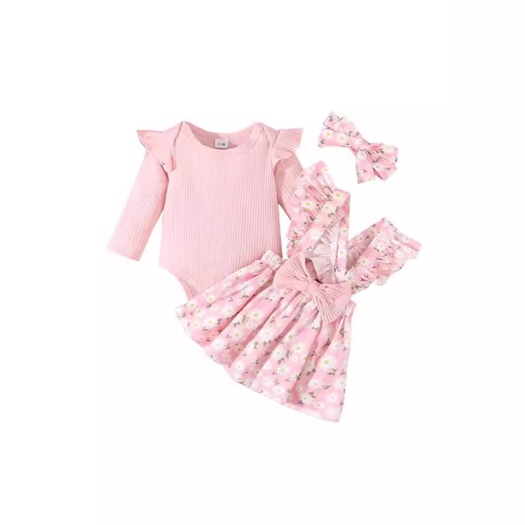 Cross-border Foreign Trade Infant European And American Pastoral Style Simple 3-piece Romper Bow Floral Suspender Skirt