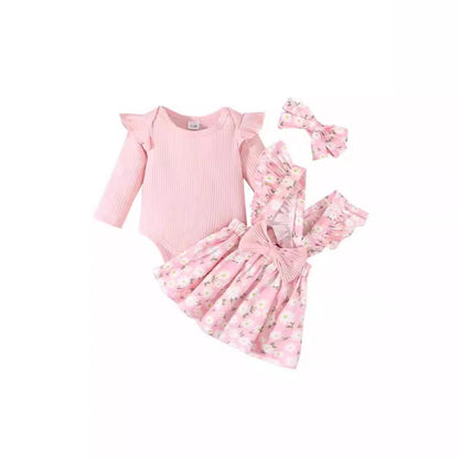 Cross-border Foreign Trade Infant European And American Pastoral Style Simple 3-piece Romper Bow Floral Suspender Skirt