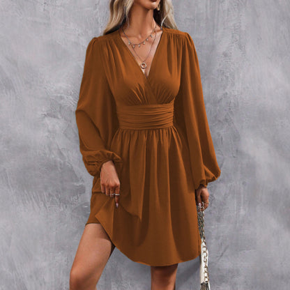 Women's Diagonal Collar Lantern Sleeve Smocking Pleated Waist Dress