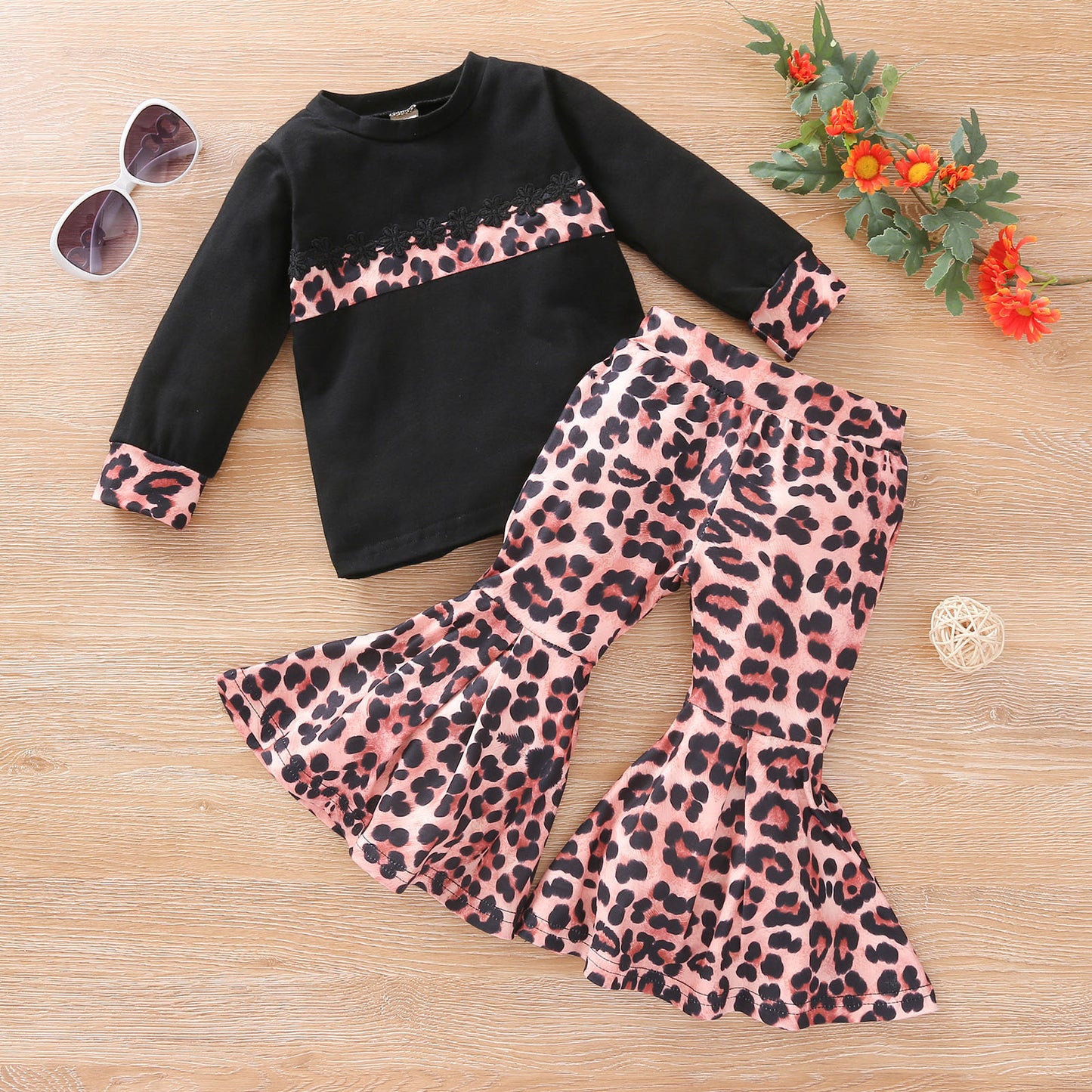 Girls Stitching Long-sleeved T-shirt Leopard Print Flared Pants Suit