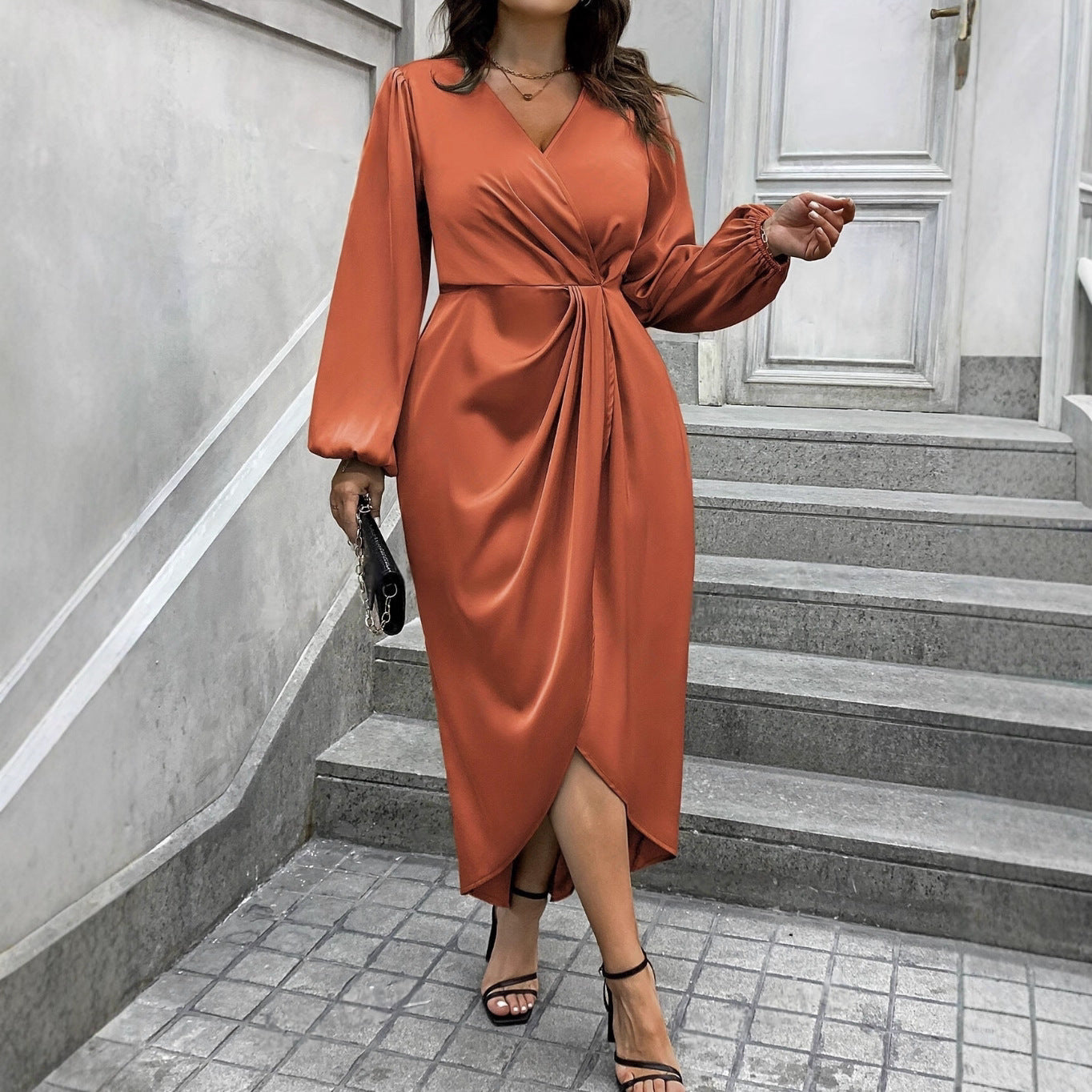 New Solid Color Long Sleeve V-neck Plus Size Women's Dress