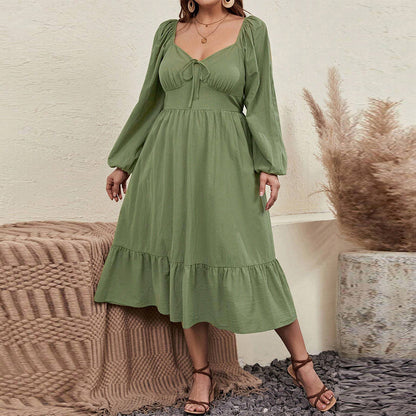 Waist-tight Large Skirt With Chicken Collar Puff Sleeve Pastoral Style Long Sleeve Dress