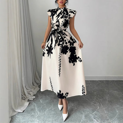 Ethnic Style Printed Small Stand-collar Button-front Long Dress