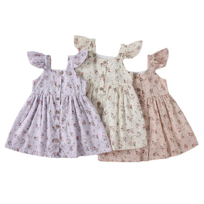 Children's Tricolor Floral Fly Sleeve Slip Dress