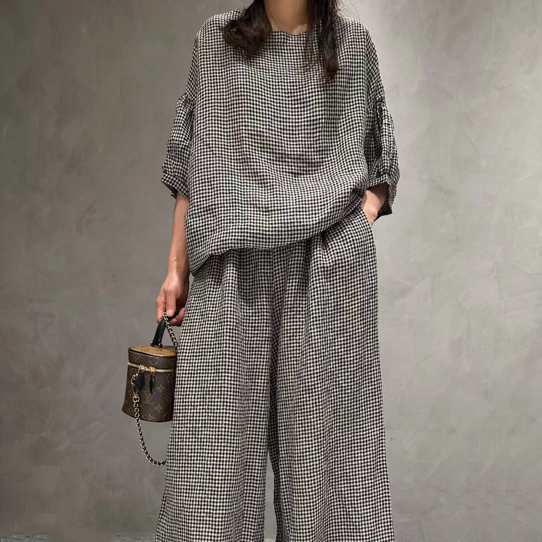 Half Sleeve Linen Plaid Round Neck T-shirt Wide Leg Pants