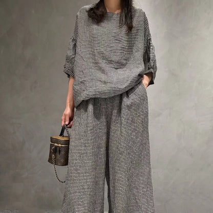 Half Sleeve Linen Plaid Round Neck T-shirt Wide Leg Pants