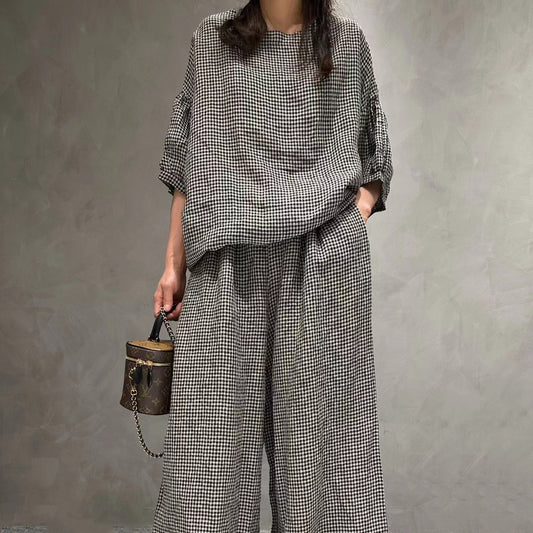 Half Sleeve Linen Plaid Round Neck T-shirt Wide Leg Pants