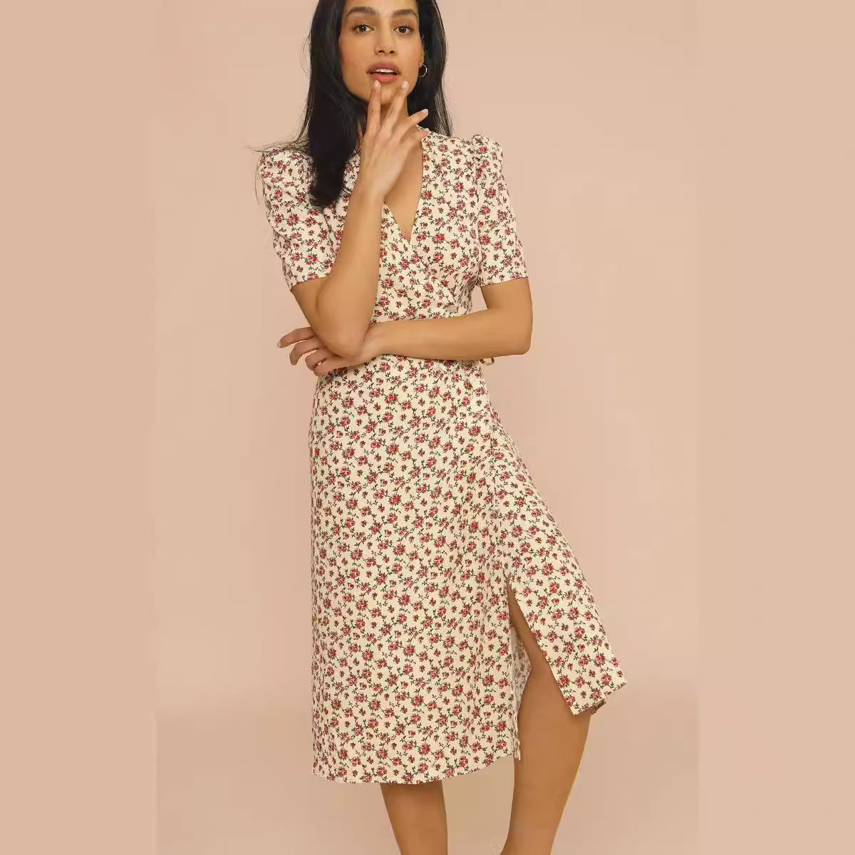 Summer New Women's V-Neck Breasted Lace-Up Waist Slimming Mid-Length Dress