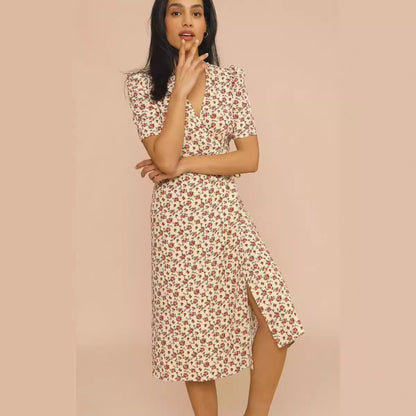 Summer New Women's V-Neck Breasted Lace-Up Waist Slimming Mid-Length Dress