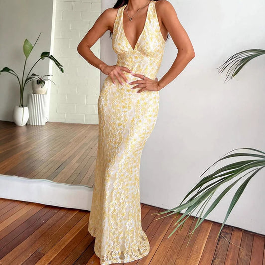 Popular Holiday V-neck Backless Slim Fit Hip Lace Dress