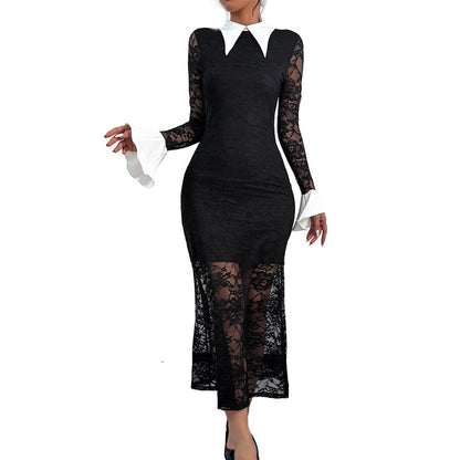 Sexy Elegant Lace Long Sleeve Lapel Color Matching Temperament Dress