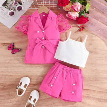 Girls' Suit Top Sling Romper Pants Three-piece Suit