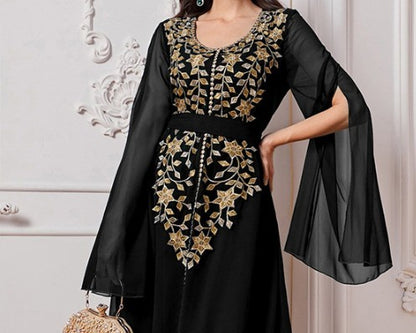 Women's Fashion Embroidery Applique Super Long Sleeve Dress