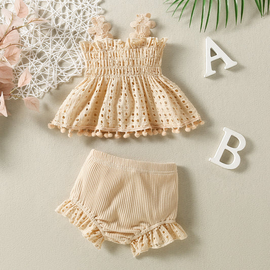 Cotton Net High Temperature Dyed Apricot Color Baby Fashion Two-piece Set
