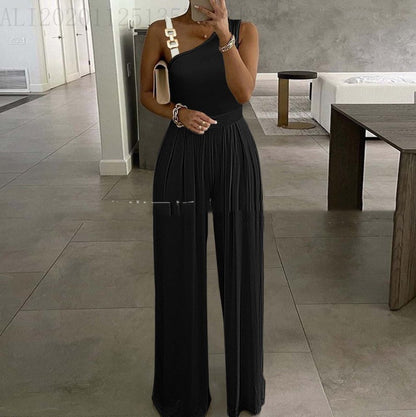 Women's Metal Buckle Vest Top High Waist Wide Leg Jumpsuit