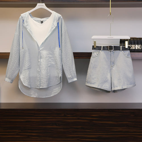 Retro New Age-reducing Sunscreen Shirt Denim Shorts Two-piece Suit