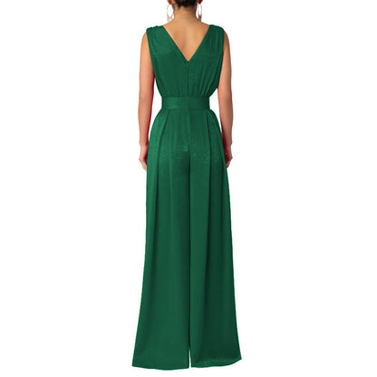 Solid Color And V-neck High Waist Wide Leg Jumpsuit