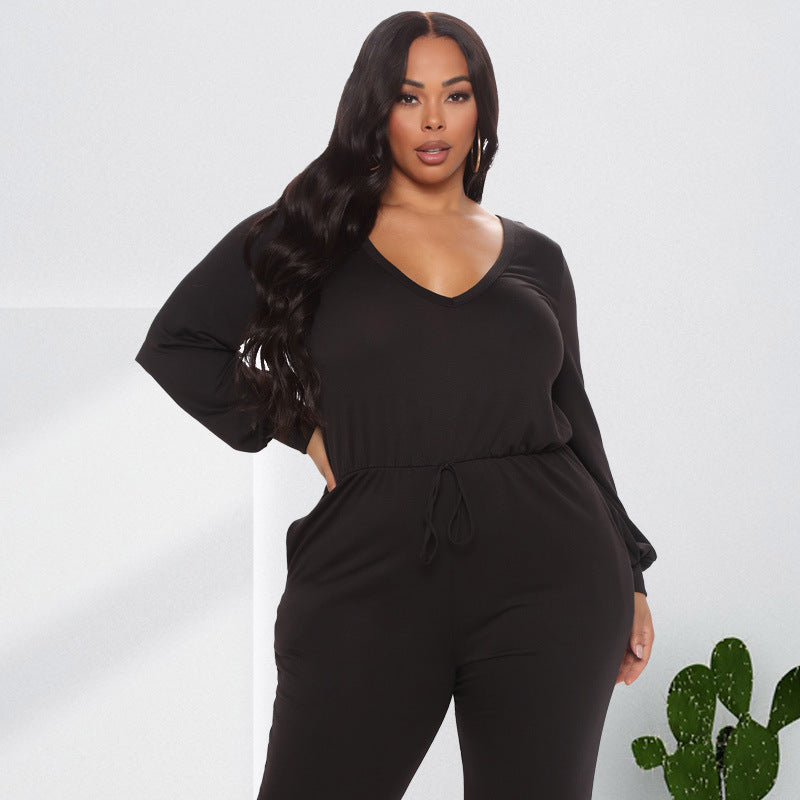 Women's V Neck Back Cutout Long Sleeve Casual Waist Jumpsuit